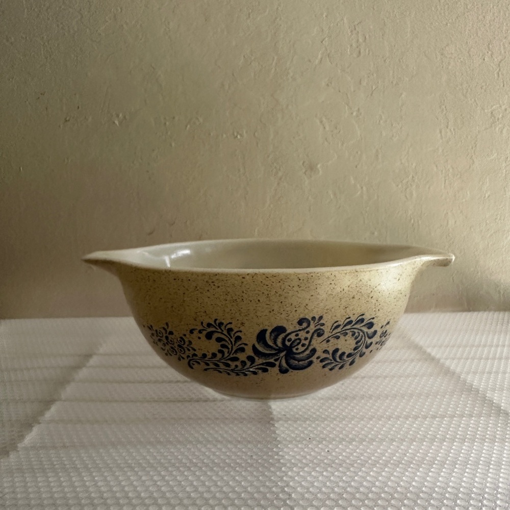 Vintage Speckled Mixing Bowl with Blue Floral Design